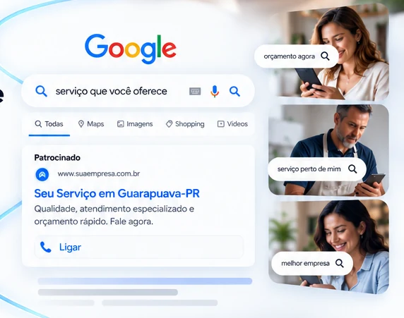 Ilustração de busca de um serviço no Google e resultado patrocinado