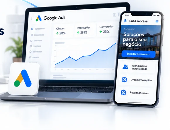 Ilustração de campanha Google Ads e página profissional em dispositivo móvel